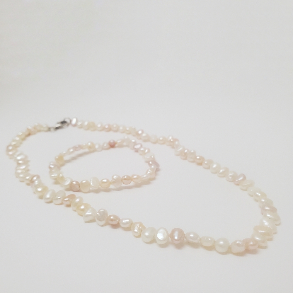 Natural Pearl Necklace and Bracelet Pastel Baroque Freshwater 925 Silver Clasp - Picture 2 of 6